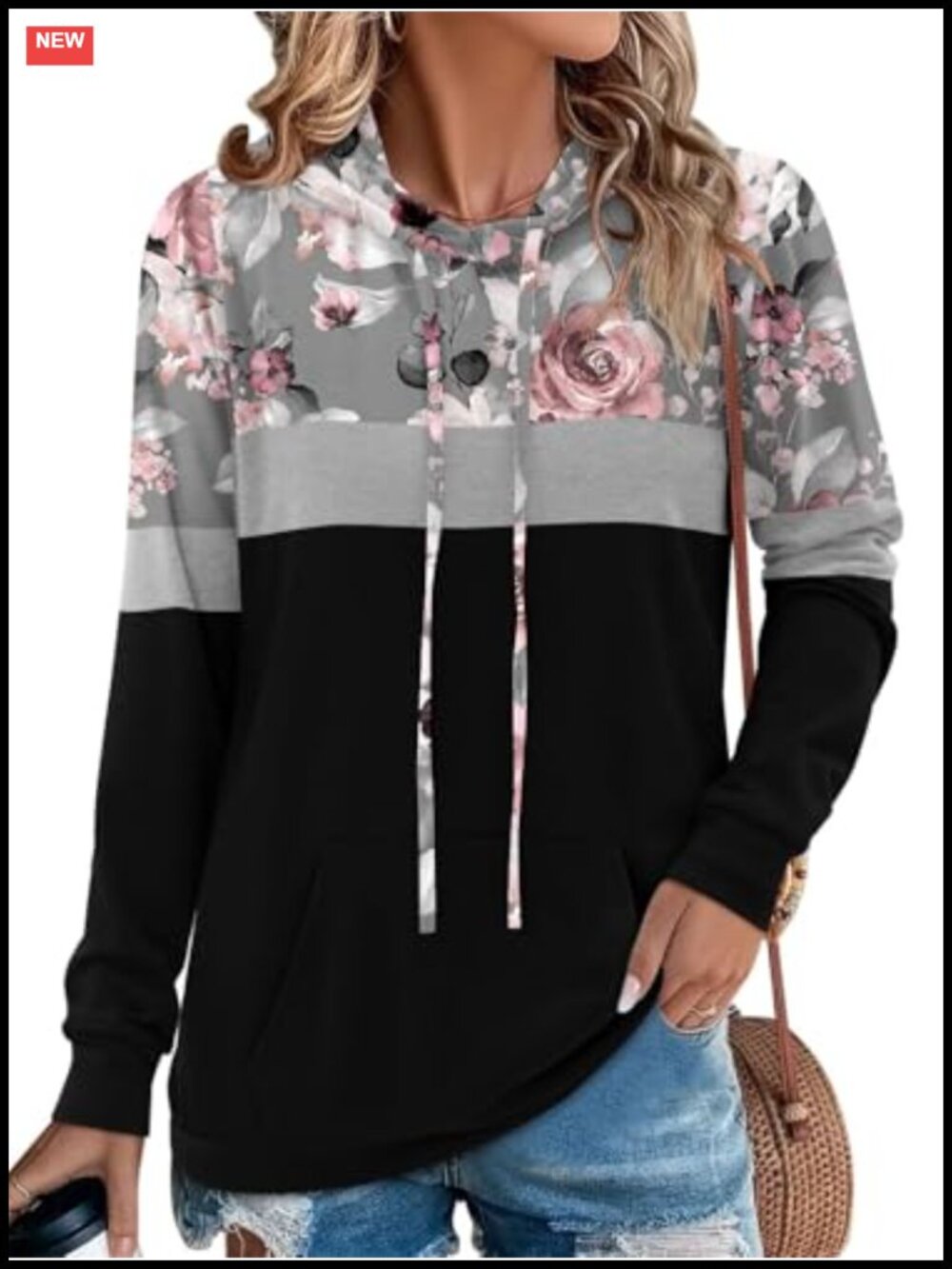 Women's Long Sleeve Hooded Pullover Sweatshirt Floral Print Casual Cozy Top
